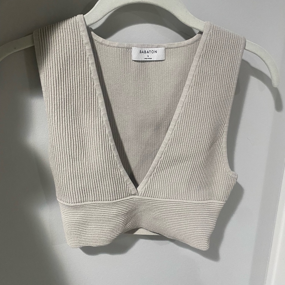Babaton Cream Ribbed V-Neck Cropped Camisole